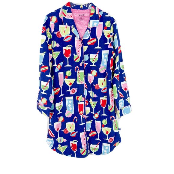 Nick & Nora Christmas Cocktails Flannel Sleep Shirt Size Medium M EUC - Picture 1 of 8